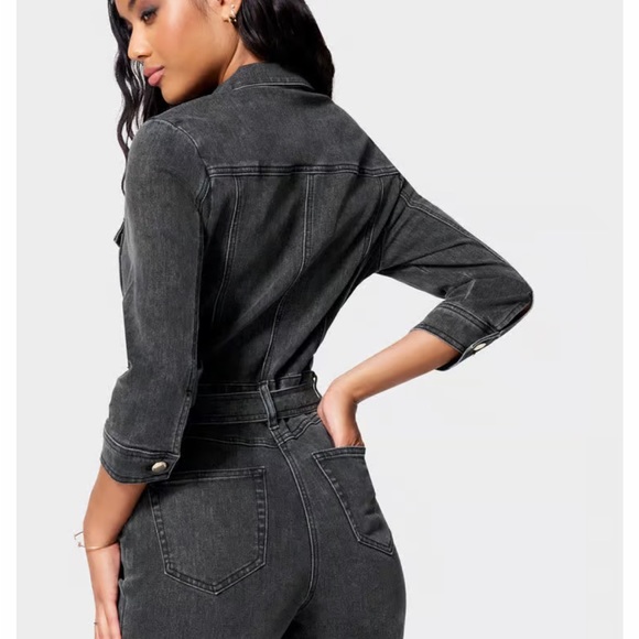 Bebe Button Down Slim Belted Washed Black Denim Jumpsuit - Picture 4 of 7